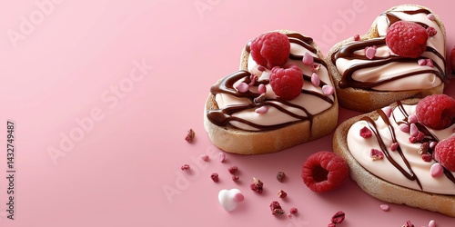 A close up of three heart shaped pastries with raspberries on top. The background is pink and the pastries are arranged in a way that makes them look like they are hugging each other