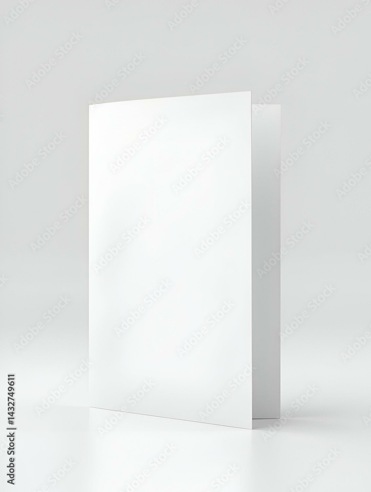 Realistic standing folded brochure mockup. White paper sheet flyer. Front view vector leaflet.