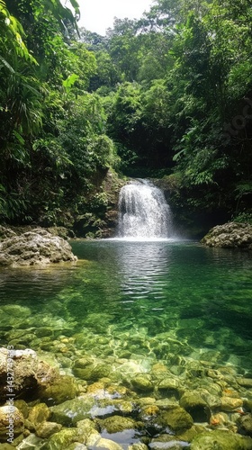 Lush emerald waterfall cascading into a tranquil, crystal-clear pool.