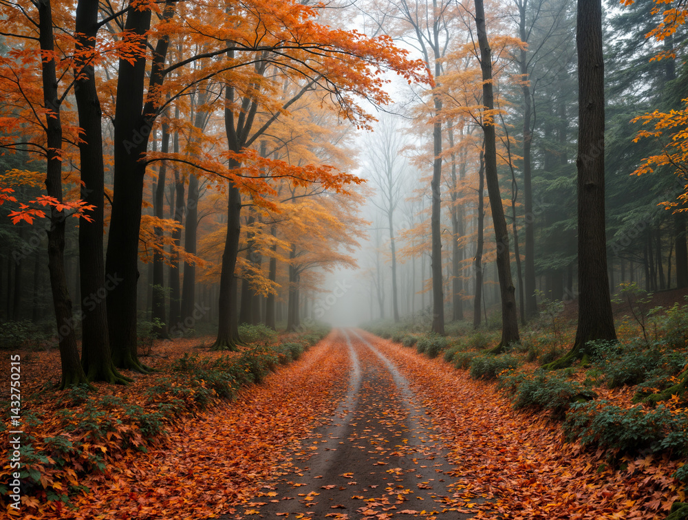 The image depicts a serene autumn forest scene with a pathway covered in fallen leaves, leading towards a misty horizon