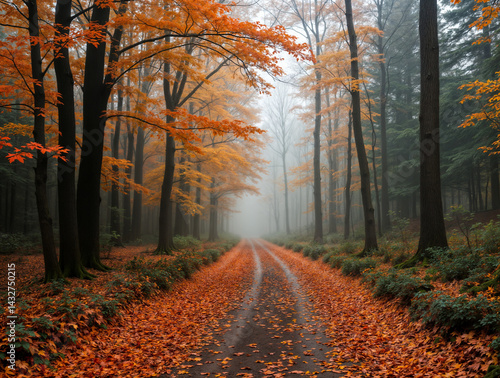 Obraz na płótnie The image depicts a serene autumn forest scene with a pathway covered in fallen leaves, leading towards a misty horizon w salonie