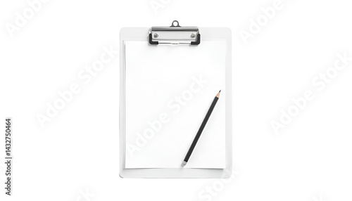 A realistic clipboard with a blank sheet of white paper and a lead pencil resting diagonally across it, isolated on a pure white background, showcasing a minimalistic and clean composition.
