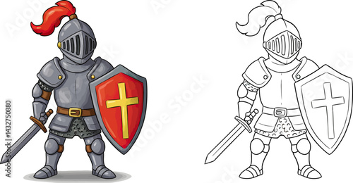 Cartoon Knight: A charming cartoon depicts a knight, armored and ready for adventure, featuring a sword and shield.  A coloring book line art illustration reveals the knight's outline.