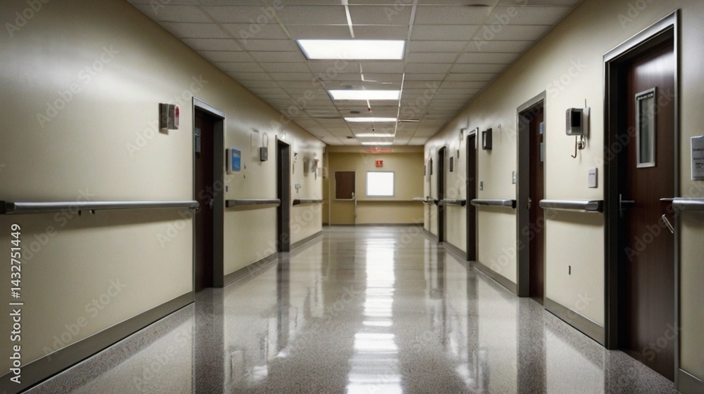 Clean hospital hallway long perspective medical glow and shadowed doorways Clean hospital hallway long perspective medical glow and shadowed doorways