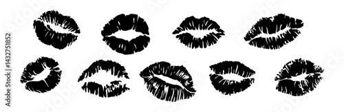 Set of Lipstick kiss print silhouettes. Different shapes female sexy lips. Lips makeup. Female mouth. Imprint of lips kiss vector black outline illustrations isolated on transparent background