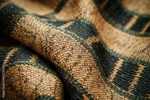 Close-up of textured fabric with beige and dark green plaid pattern, showcasing intricate weave.