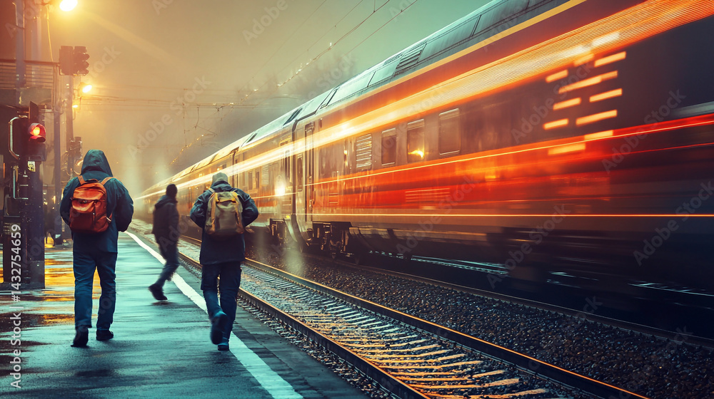 Red OBB passenger train at night, arriving at a dimly lit rail station, capturing the speed and motion of electric transportation in a modern urban subway setting
