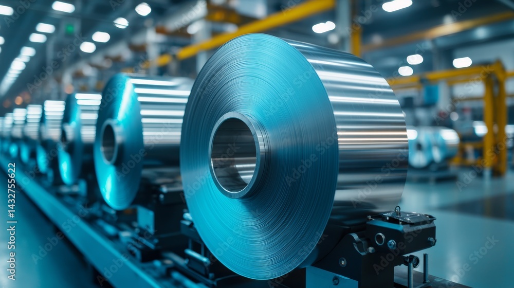 Close-Up View of Aluminum Sheet Coils in Modern Manufacturing Facility with Industrial Equipment in Background Close-Up View of Aluminum Sheet Coils in Modern Manufacturing Facility with Industrial Equipment in Background