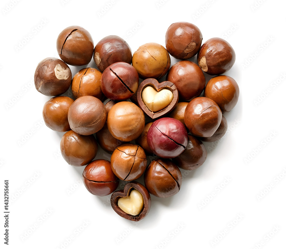 Obraz premium macadamia nuts in heart shape on white background