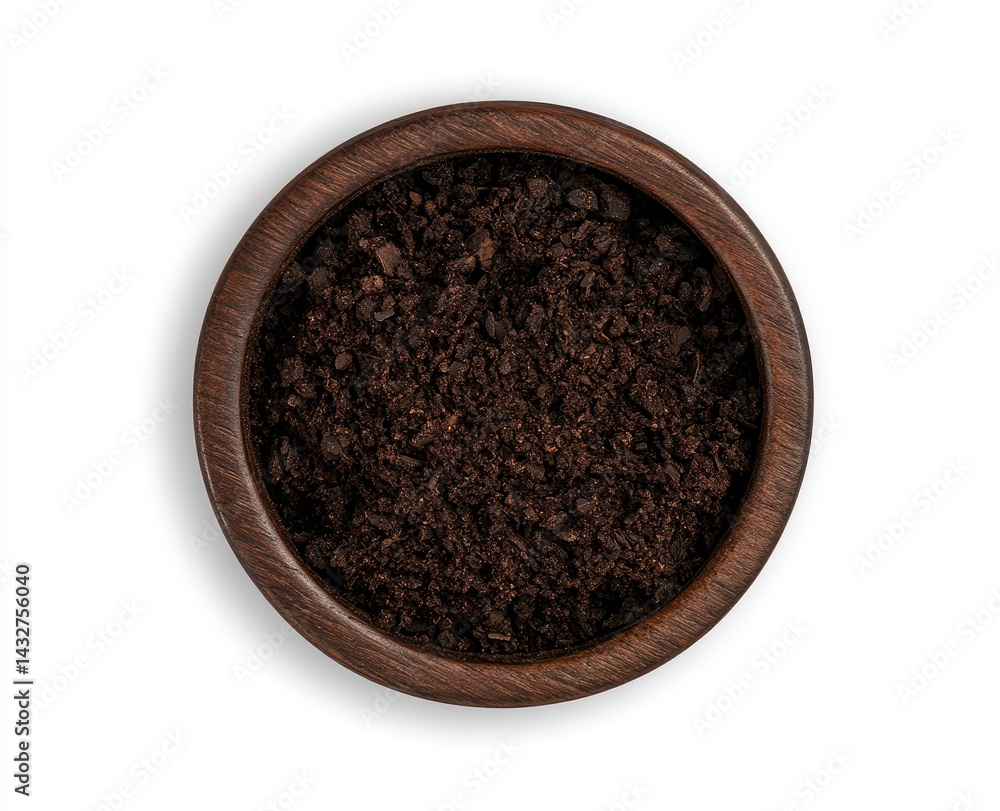 Dark brown soil in wooden bowl Dark brown soil in wooden bowl