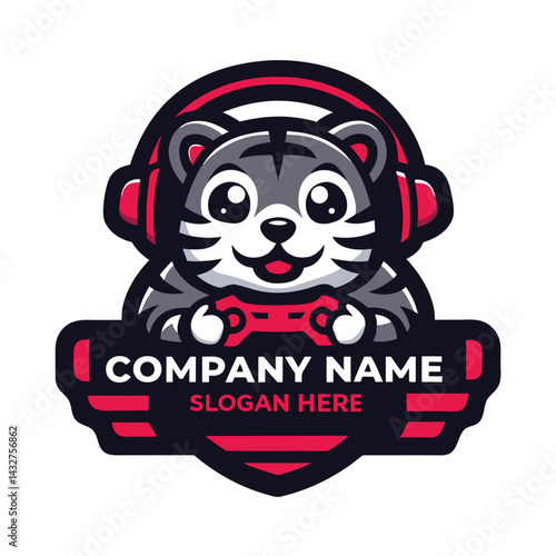 Cute tiger mascot holding a joystick, wearing headphones