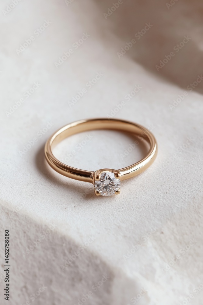 Elegant gold engagement ring with diamond on stone surface Elegant gold engagement ring with diamond on stone surface