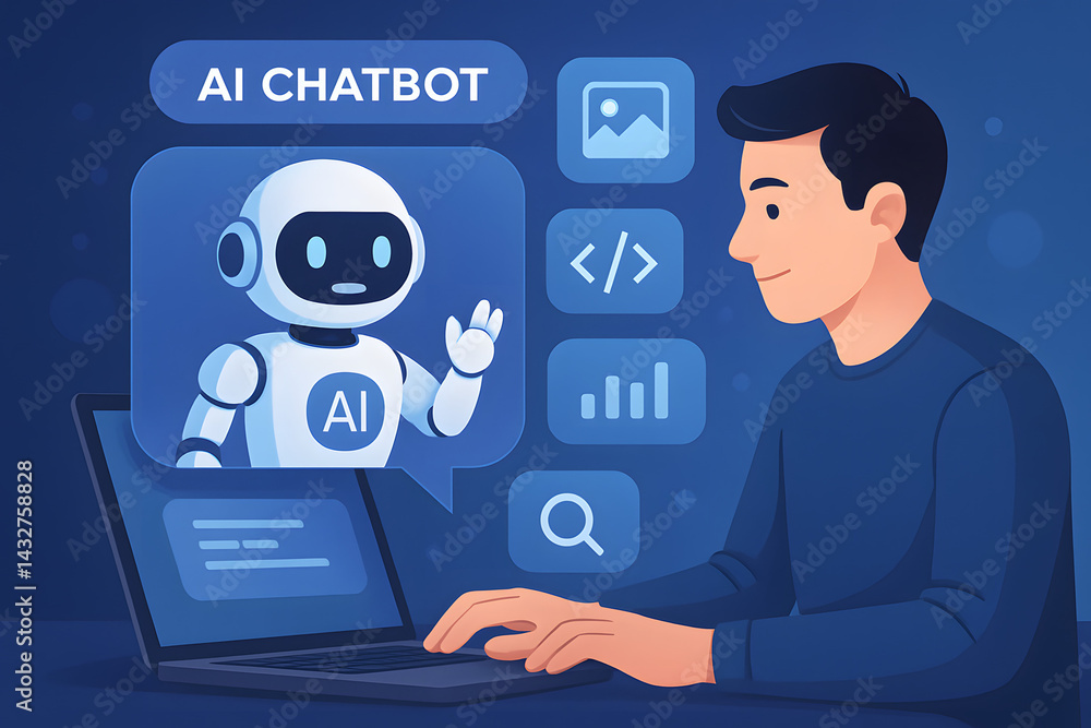 AI Chatbot Interaction: A man interacts with an AI Chatbot on a laptop, engaging in a conversation within a digital interface. The AI Chatbot icon has a welcoming wave. AI Chatbot Interaction: A man interacts with an AI Chatbot on a laptop, engaging in a conversation within a digital interface. The AI Chatbot icon has a welcoming wave.