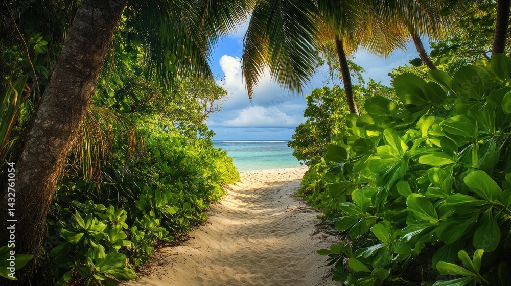Tropical beach path through lush greenery Tropical beach path through lush greenery