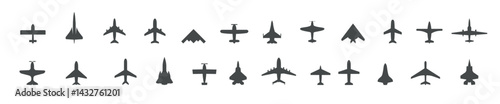 Set of jet plane, top view icons. Black silhouette airplanes, jets, airliners and retro planes. Isolated vector illustration