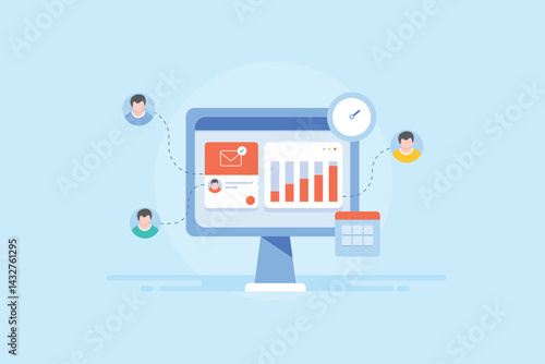 Email automation interface display audience overview, campaign status report and performance KPI metrics.