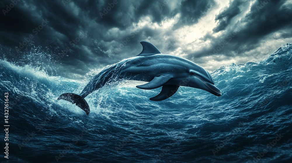 Fototapeta premium Dolphin leaping from turbulent ocean waves under a dramatic, stormy sky