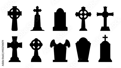 set of tombstone silhouette vector on tranparent background