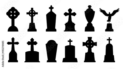 set of tombstone silhouette vector on tranparent background