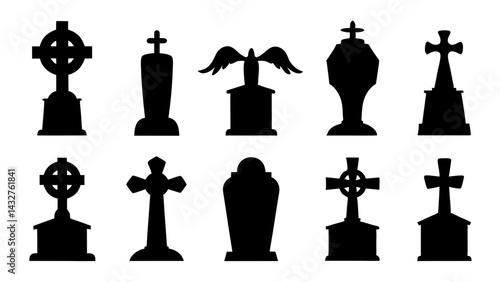 set of tombstone silhouette vector on tranparent background
