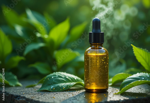 Glass Dropper Bottle Of Organic Face Oil, With Water Droplets Glistening On The Surface, Surrounded By Lush Green Leaves, Studio Shot Product Photography Concepts