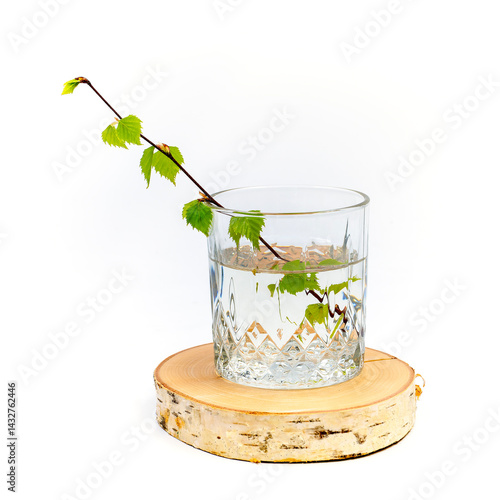 A glass of birch sap and a birch branch with young leaves on a wooden birch coaster on a white background