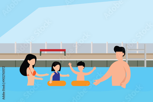 family having fun in a swimming pool, with a mother, father, and two children