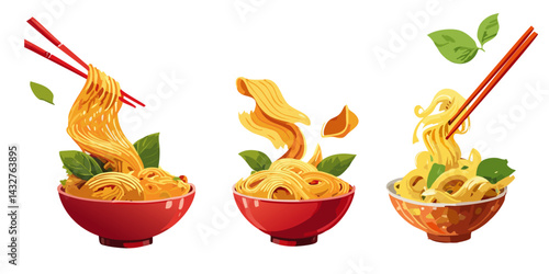 Set of Asian noodles with chopsticks in a traditional bowl vector graphic food design
