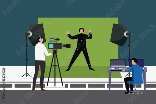 motion capture scene with a person in a black suit with white dots striking a pose in front of a green screen