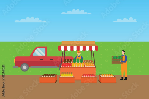 roadside fruit and vegetable stand with a red pickup truck