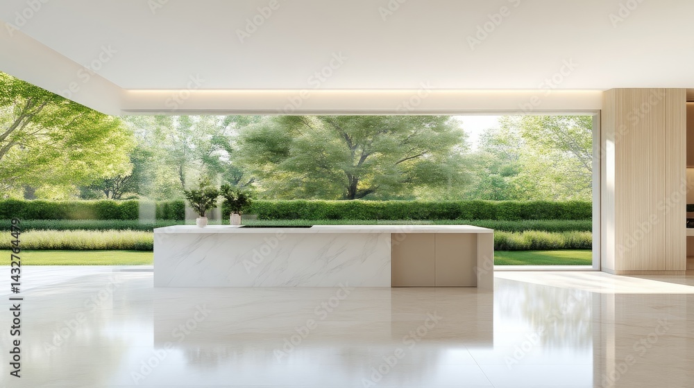 Fototapeta premium Bright, minimalist kitchen interior with a large island and expansive window overlooking a lush green garden.