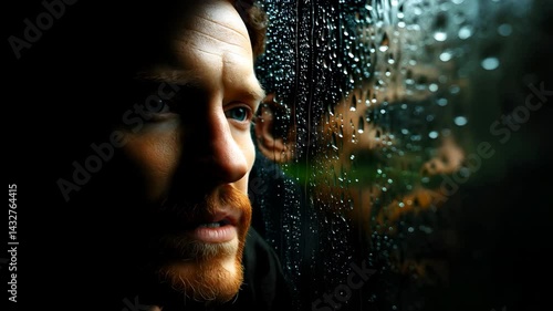 Thoughtful man gazing out a window contemplating life and nature beyond the glass pane