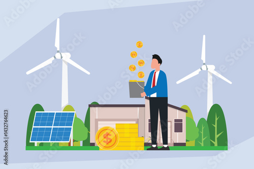 Illustration of a man putting coins into a bucket near a house
