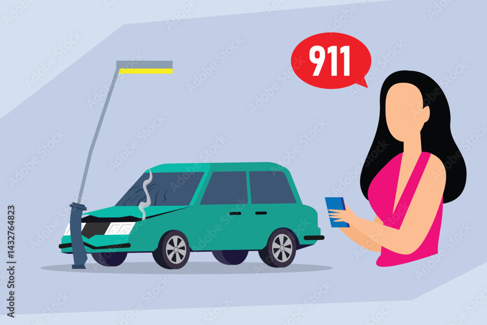 Illustration of a woman calling 911 on her phone near a car that has crashed into a lamppost Illustration of a woman calling 911 on her phone near a car that has crashed into a lamppost