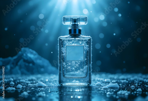 Glass Perfume Bottle Covered In Delicate Frost Crystals, Placed On A Cold Reflective Glass Surface, Studioshot Product Photography Concepts