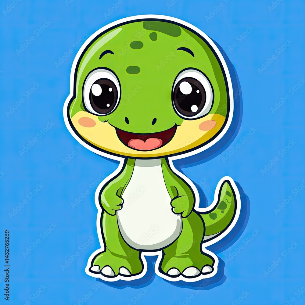Obraz premium A cheerful cartoon illustration of a green, cute dinosaur.