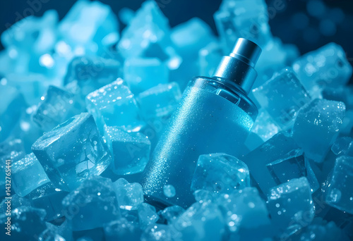 Facial Toner Bottle Surrounded By Crushed Ice Cubes And Frost On The Bottle’s Surface, Creating a Chill, Invigorating Atmosphere, Studioshot Product Photography Concepts
