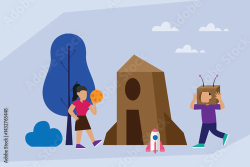  children playing in a park or backyard with a cardboard rocket and a toy spaceship