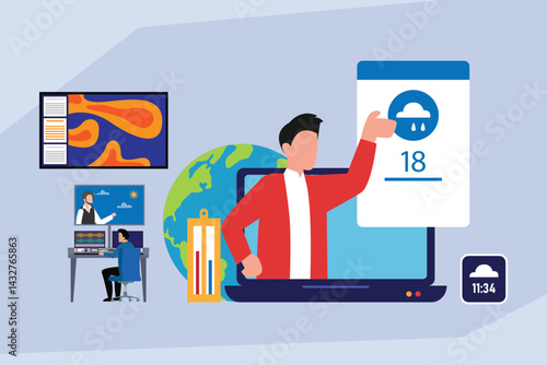 man interacting with a laptop displaying weather information
