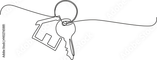 Continuous one line house with a key, Set of keys against white background, Continuous one line art drawing symbol of house keys, Real Estate Line Icon Vector Design, Editable Stroke.