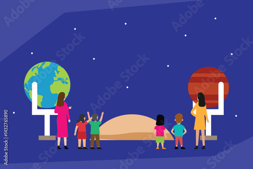 adults and children looking at models of Earth and Mars in a planetarium