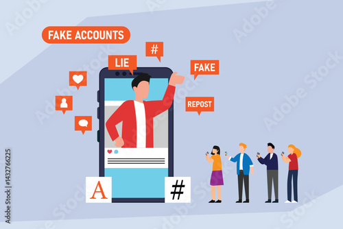 Illustration depicting  a large smartphone displaying a fake social media account