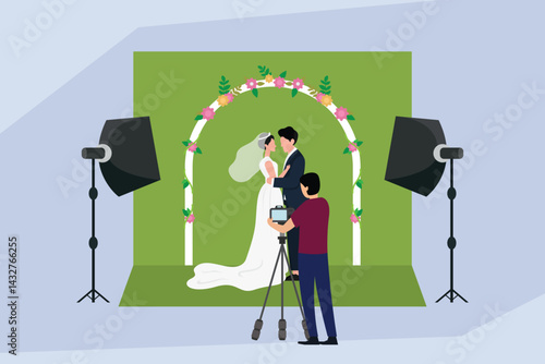  wedding photoshoot in a studio with a bride and groom posing under a floral arch in front of a backdropBasic RGB