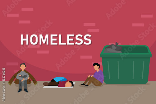 Illustration depicting three individual homelessness in an urban setting with a brick wall and a trash dumpster