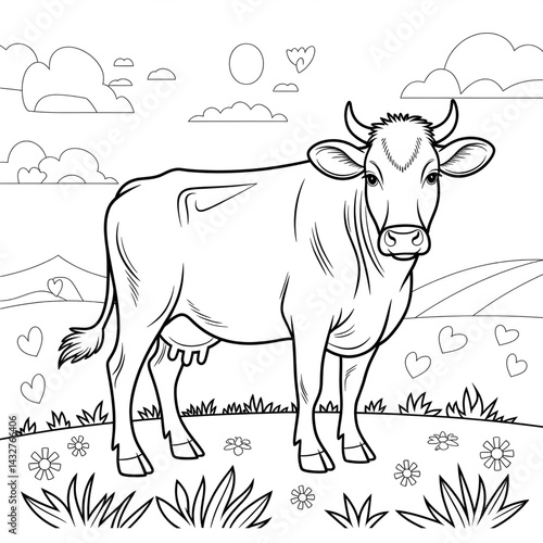 ‎A black and white cow illustration line art of a coloring page