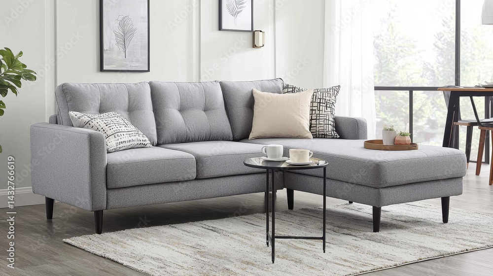 Fototapeta premium Modern Grey Sofa with Pillows in Stylish Living Room Setting