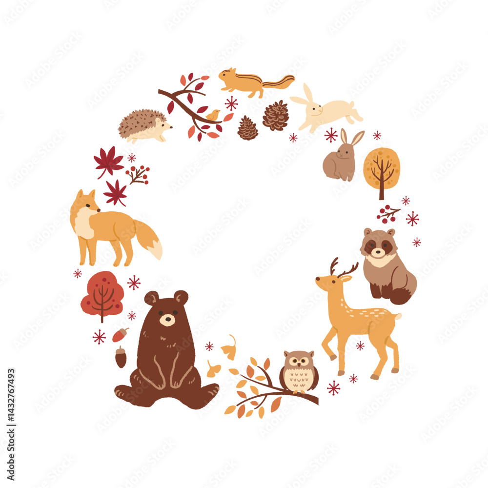 Obraz premium 秋のかわいい動物のイラストのフレーム