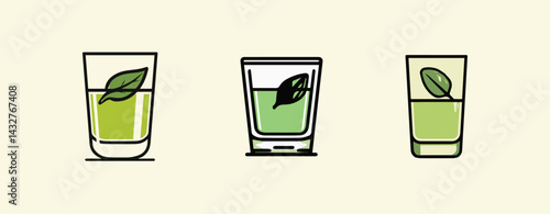 Three distinct glasses showcase vibrant green drinks with fresh basil leaves, highlighting refreshing mixology aspects