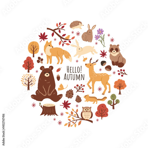 秋のかわいい動物のイラストのセット