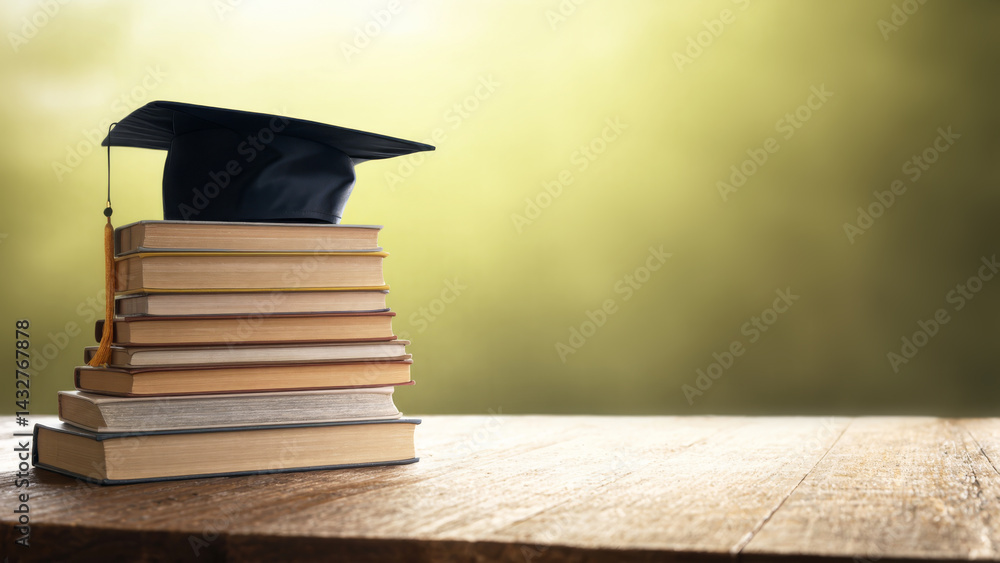 Graduation cap on stack of books over blurred nature background.
